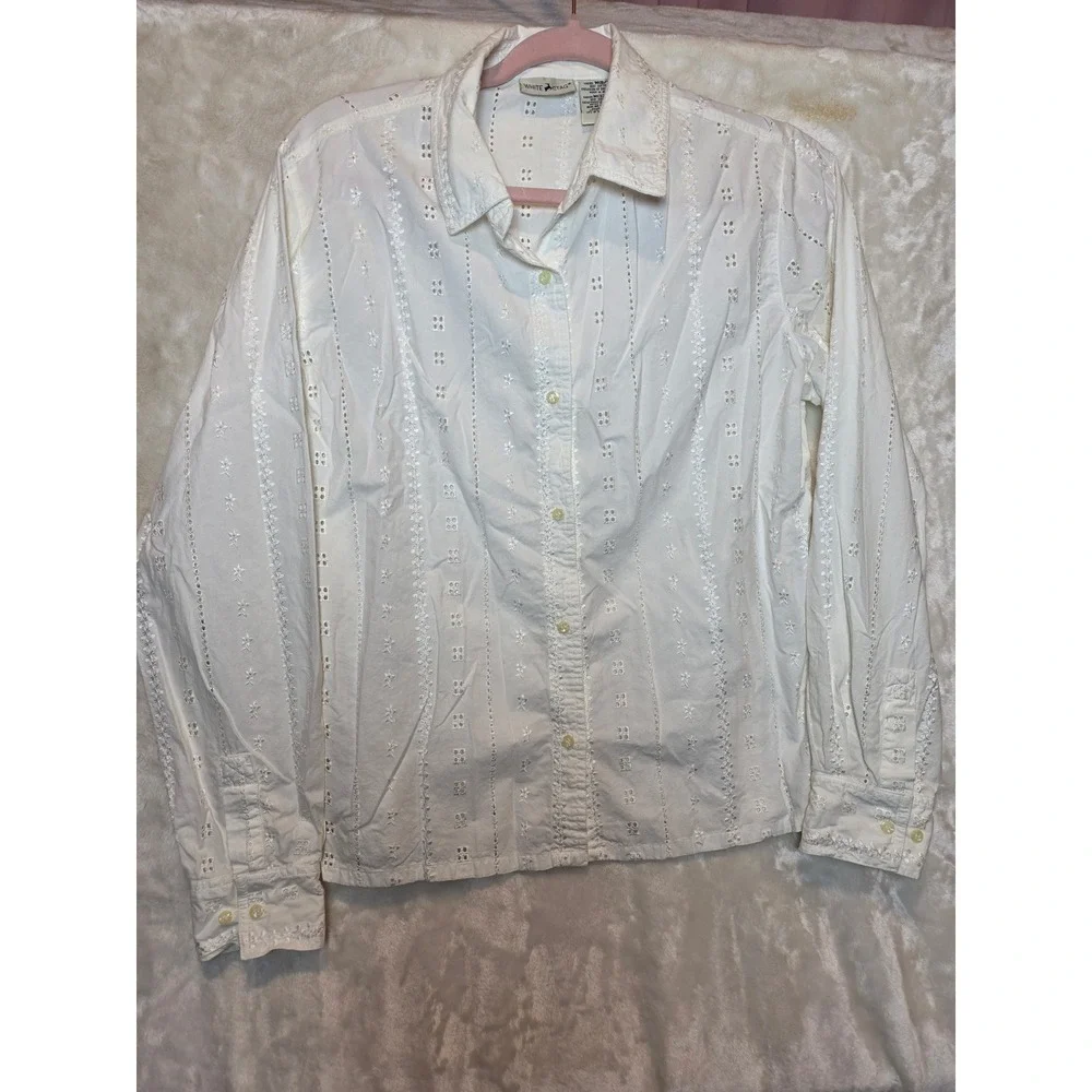 White Stag Women White Eyelet Embroidered Cotton Button Down Shirt‎ Size M 8/10